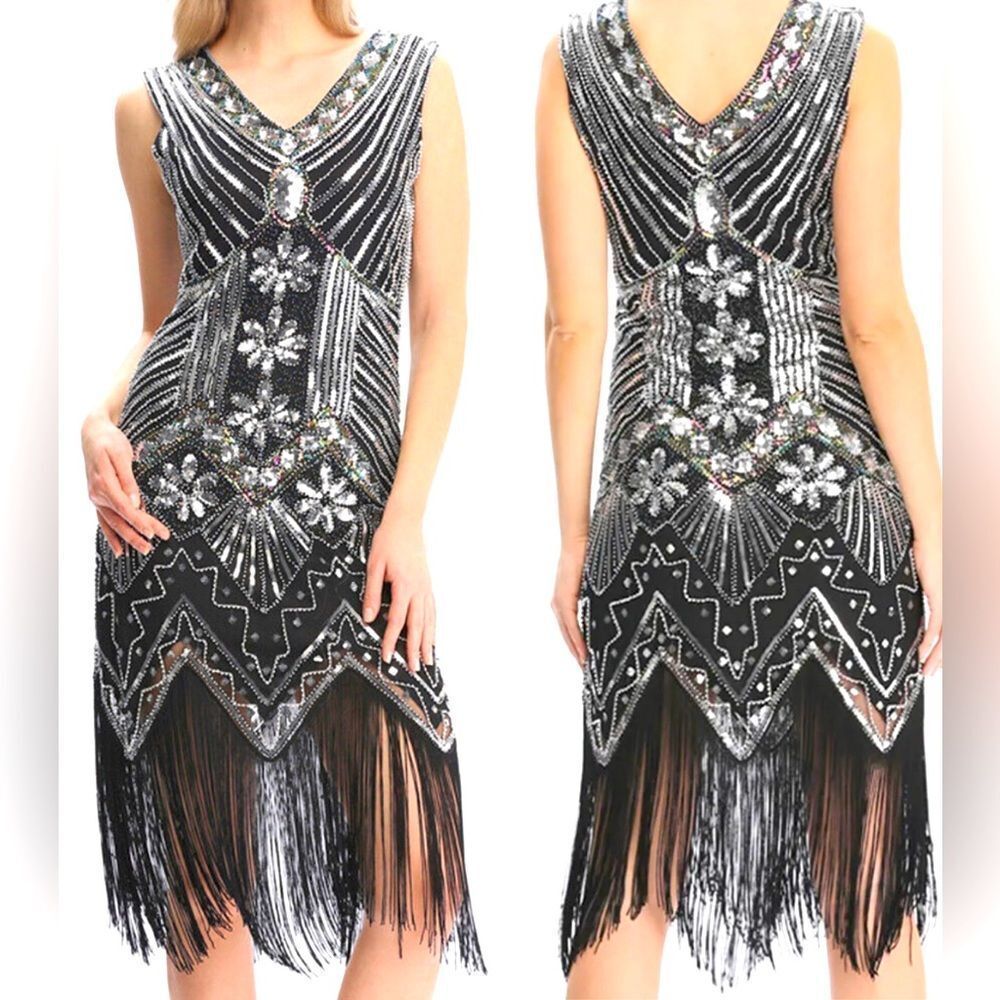 1920s Gatsby Flapper Gothic Black and Silver Sequins Dress Size S*
